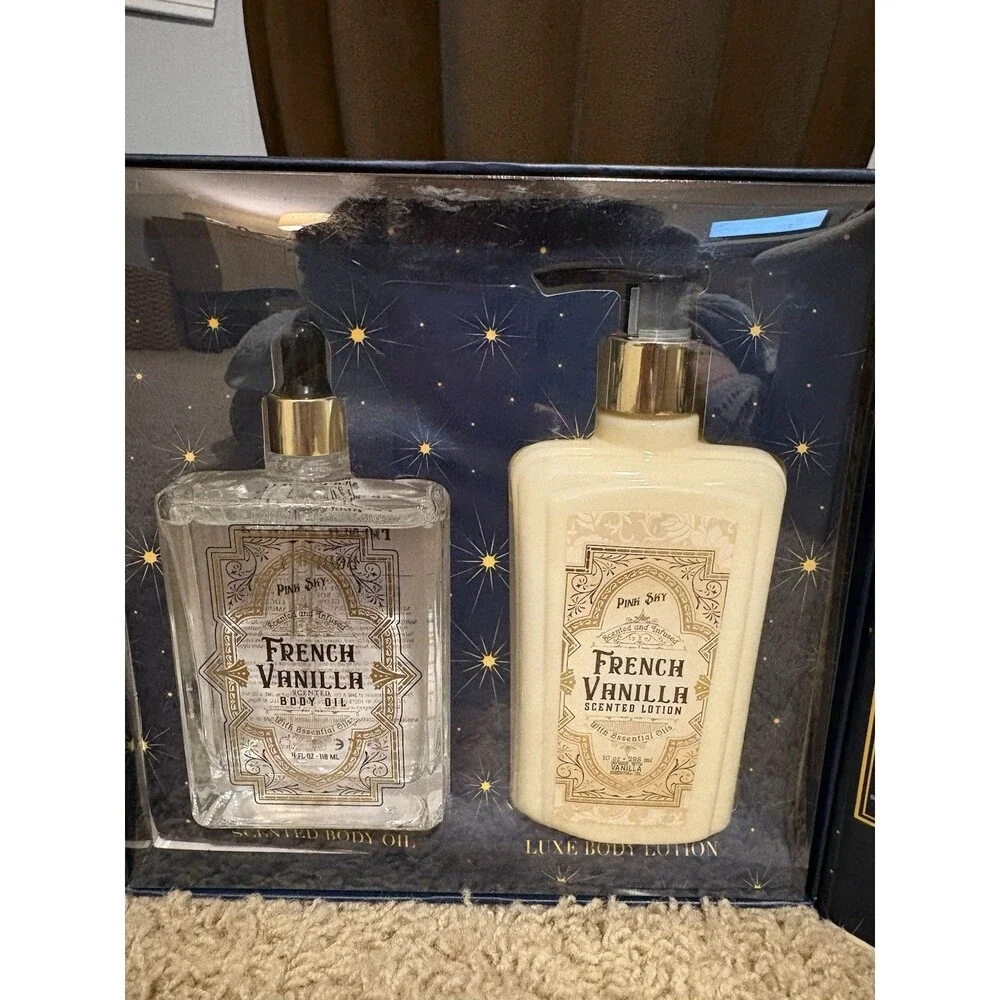 Pink Sky Luxe French Vanilla 4 oz Body Oil & 10 oz Body Lotion Gift Set New!